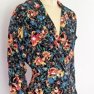 CLEARANCE Nicole Miller dress 8 rayon bold floral wrap high low 1990s